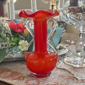 Handblown Red Art Glass Vase with Clear Handles